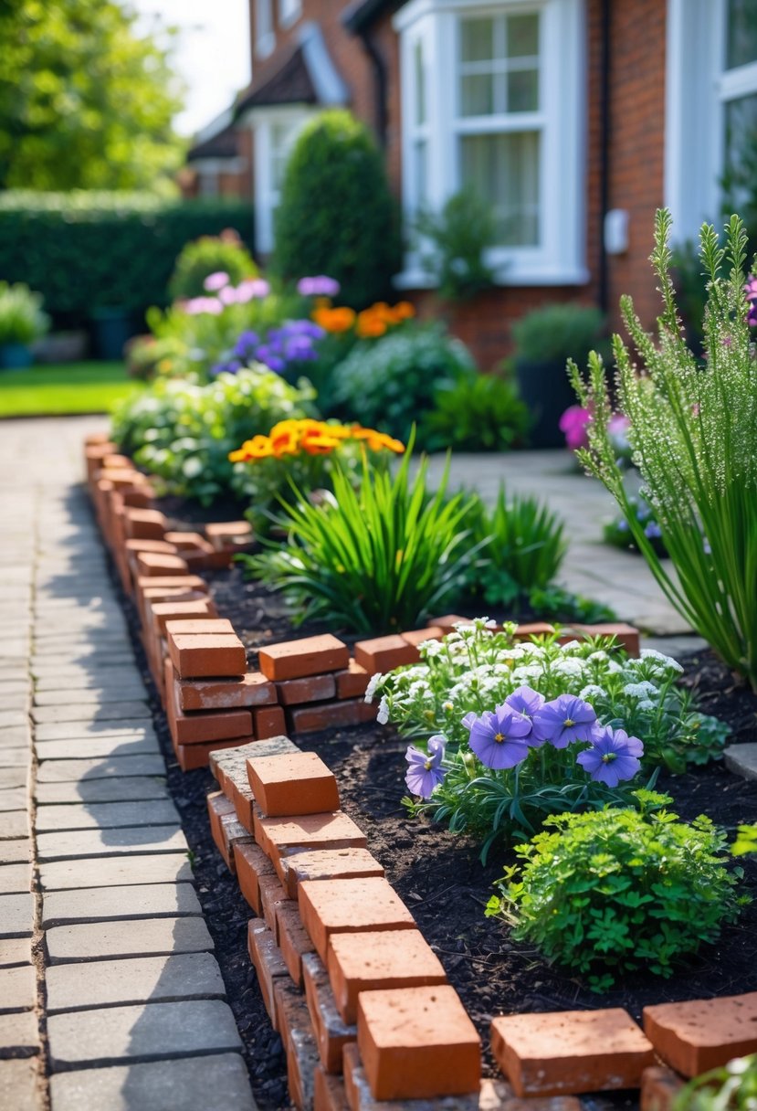 A front garden with flower beds edged by recycled bricks, colorful flowers, green plants, and a paved walkway.