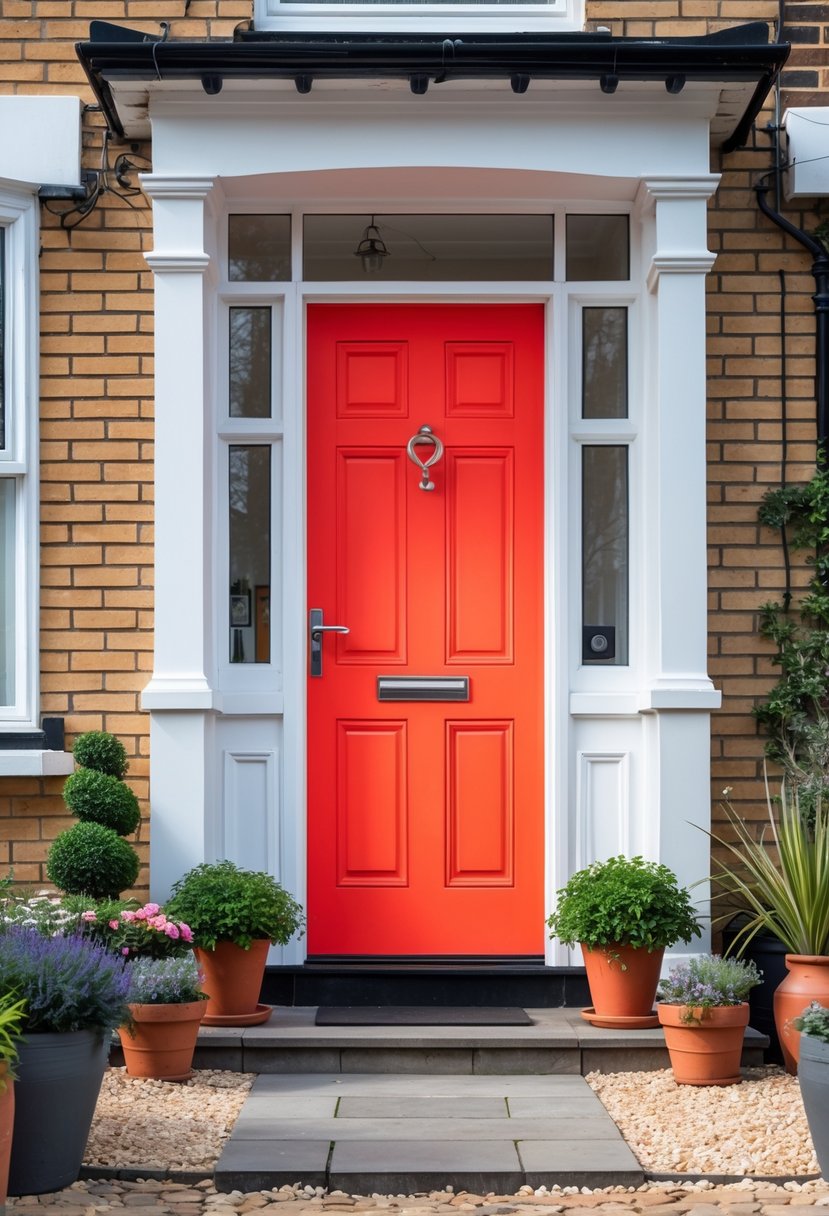 A bright front door with a small, tidy garden featuring potted plants and simple landscaping in front of a UK home.