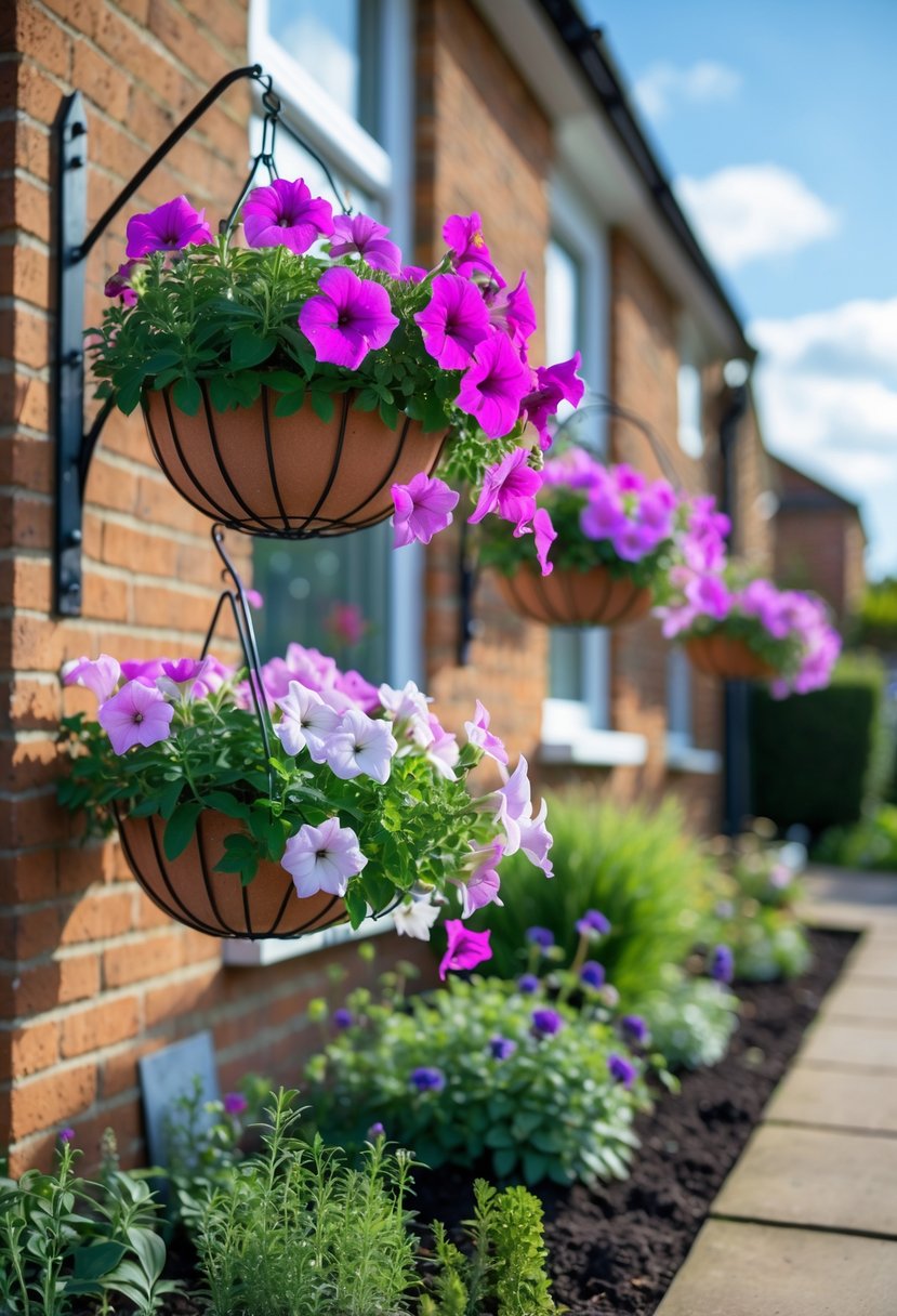 Front garden with hanging baskets of trailing petunias and a pathway leading to a brick house.