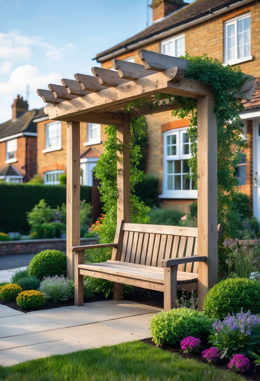 A reclaimed wooden bench beneath a pergola surrounded by flowers and greenery in a front garden with houses in the background.