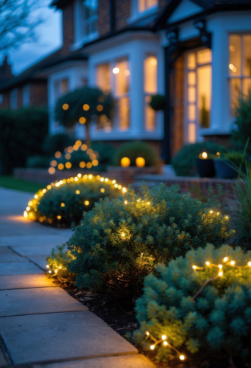 Evening front garden with shrubs decorated with glowing solar-powered fairy lights and a traditional UK house in the background.