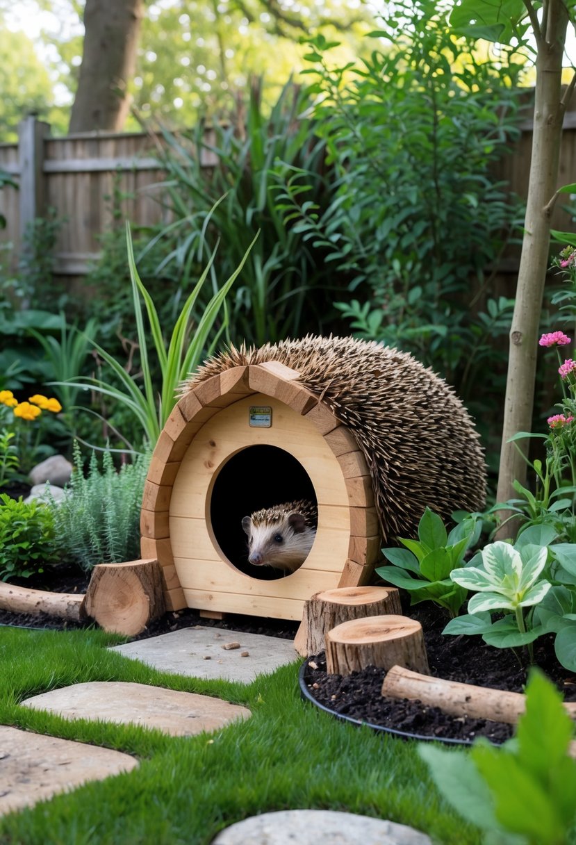 A front garden in the UK with a natural wooden hedgehog house surrounded by plants, flowers, and greenery.