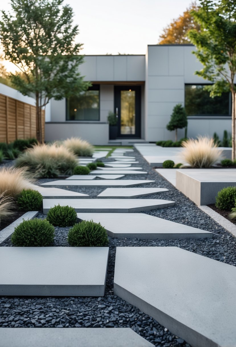 Front garden with geometric paving patterns and contrasting textures, surrounded by low shrubs and plants in front of a modern house.