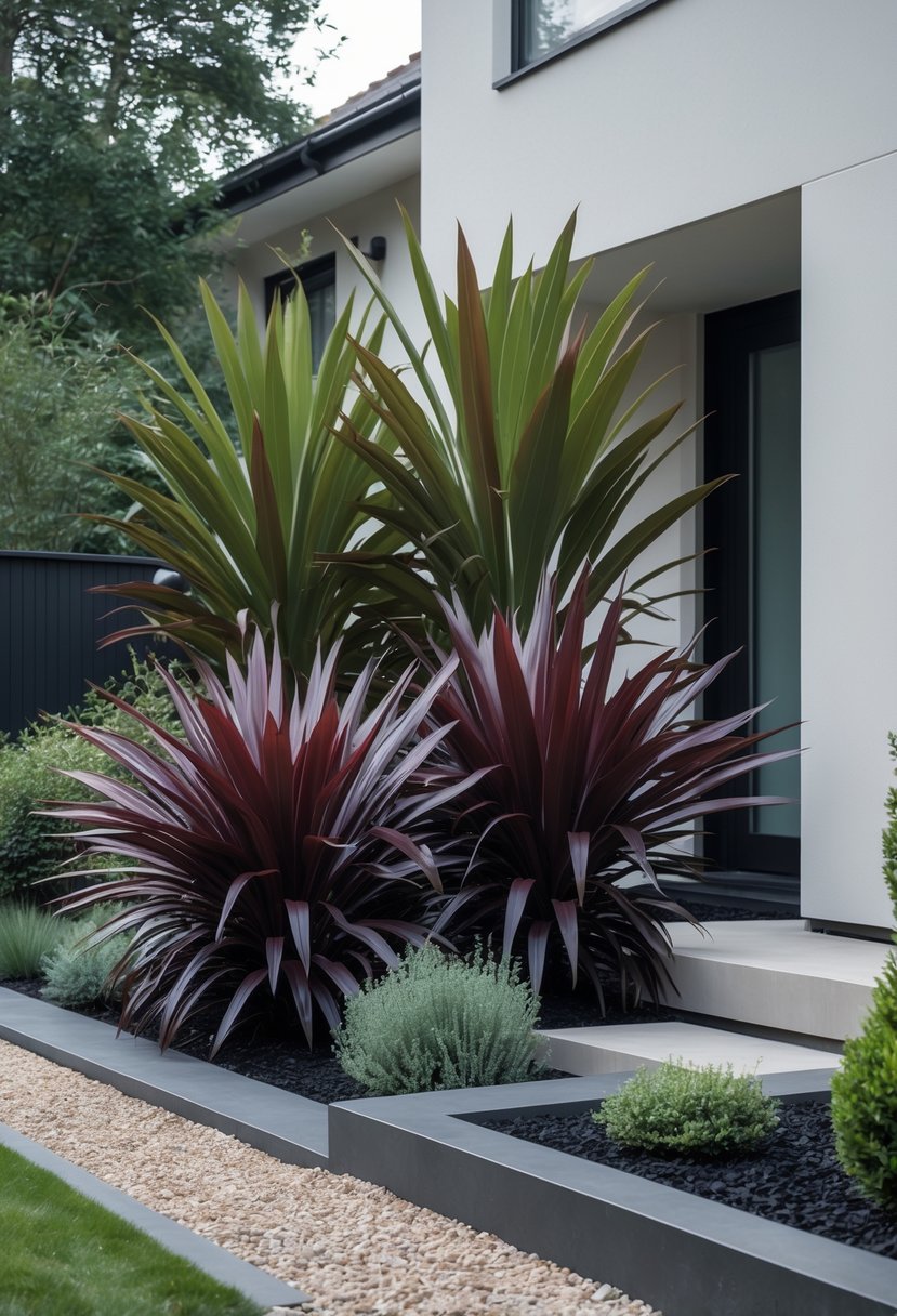 Front garden with bold architectural shrubs including Phormium plants, neat pathways, and a modern house in the background.