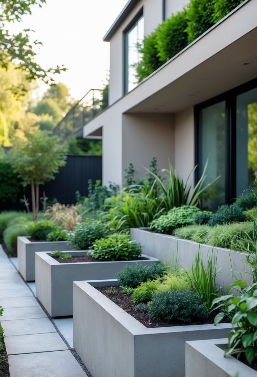 Front garden with smooth concrete planters in muted tones filled with green plants along a clean pathway in front of a modern house.