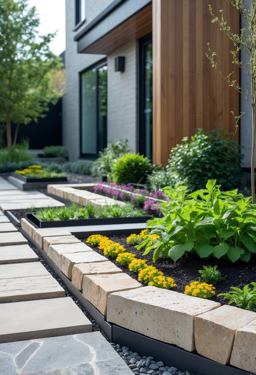 Front garden with stone and wood borders around plants and flowers in front of a modern house.