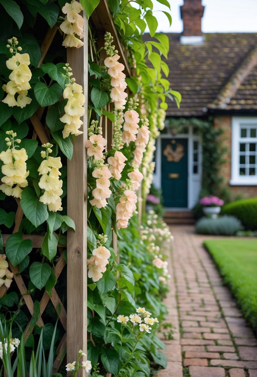 A front garden with a wooden trellis covered in blooming honeysuckle vines next to a pathway leading to a front door.
