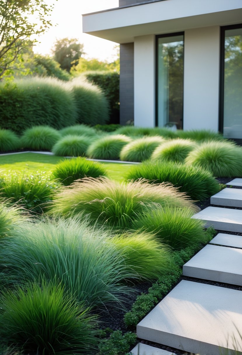 Neatly trimmed ornamental grasses arranged along a modern front garden pathway next to a house.