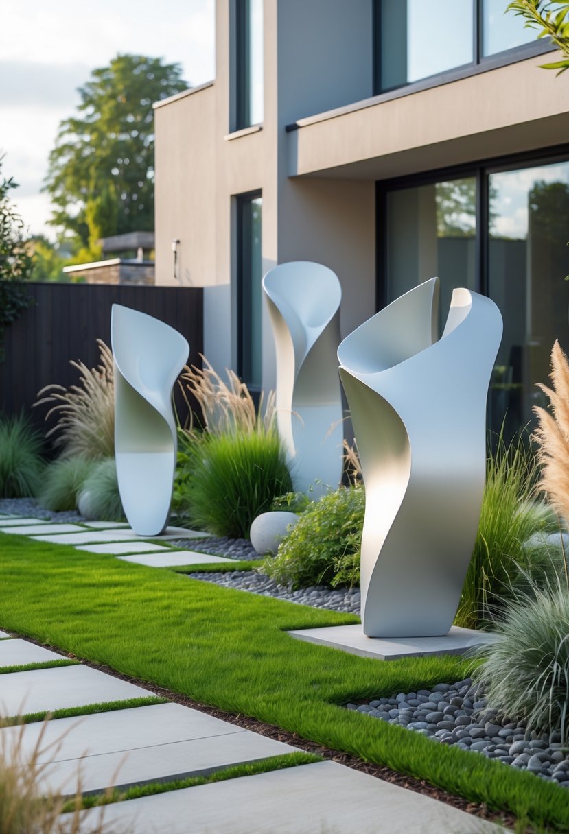 A front garden with green grass, plants, and abstract metal sculptures in front of a modern house.