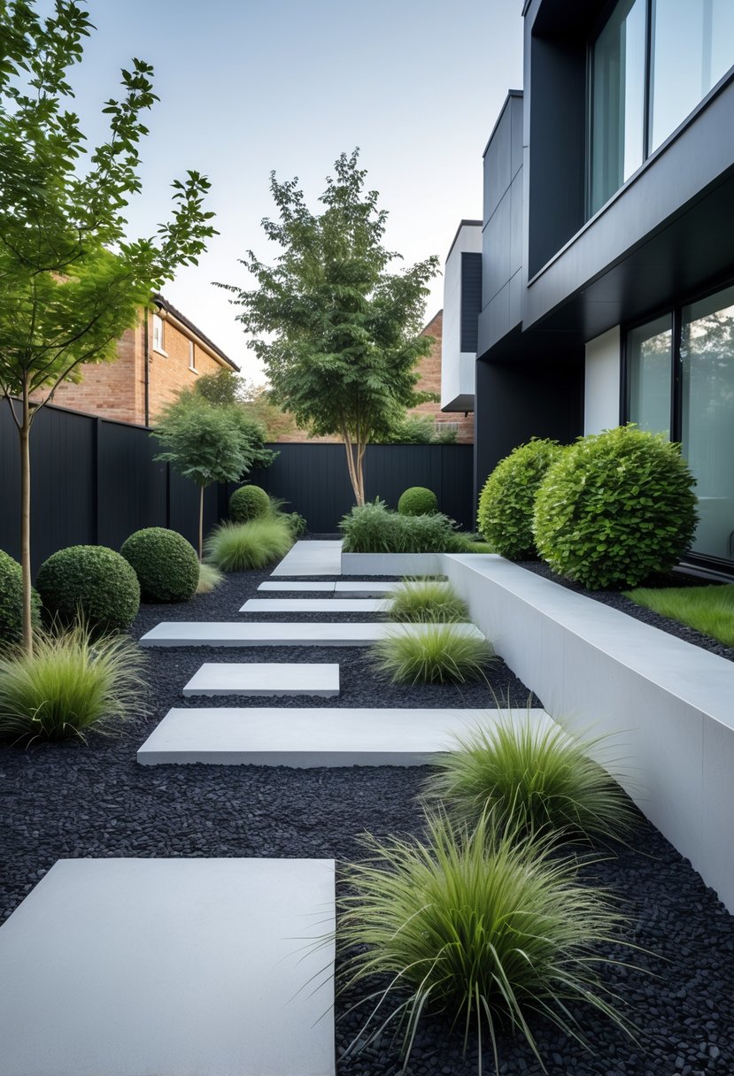A modern front garden with black, white, and gray elements accented by vibrant green plants in front of a contemporary house.