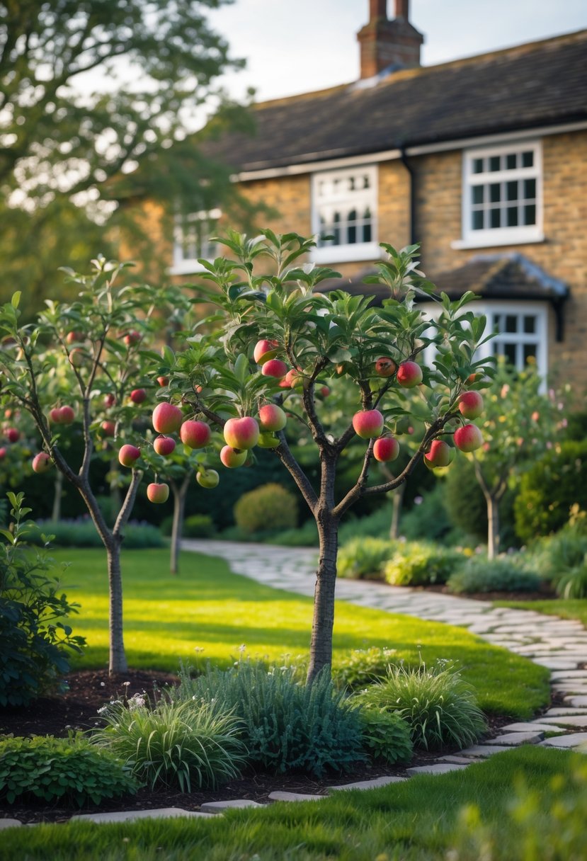 A front garden in the UK with several small crab apple trees bearing red and green apples, surrounded by grass, shrubs, and a stone pathway, with a brick house partially visible in the background.