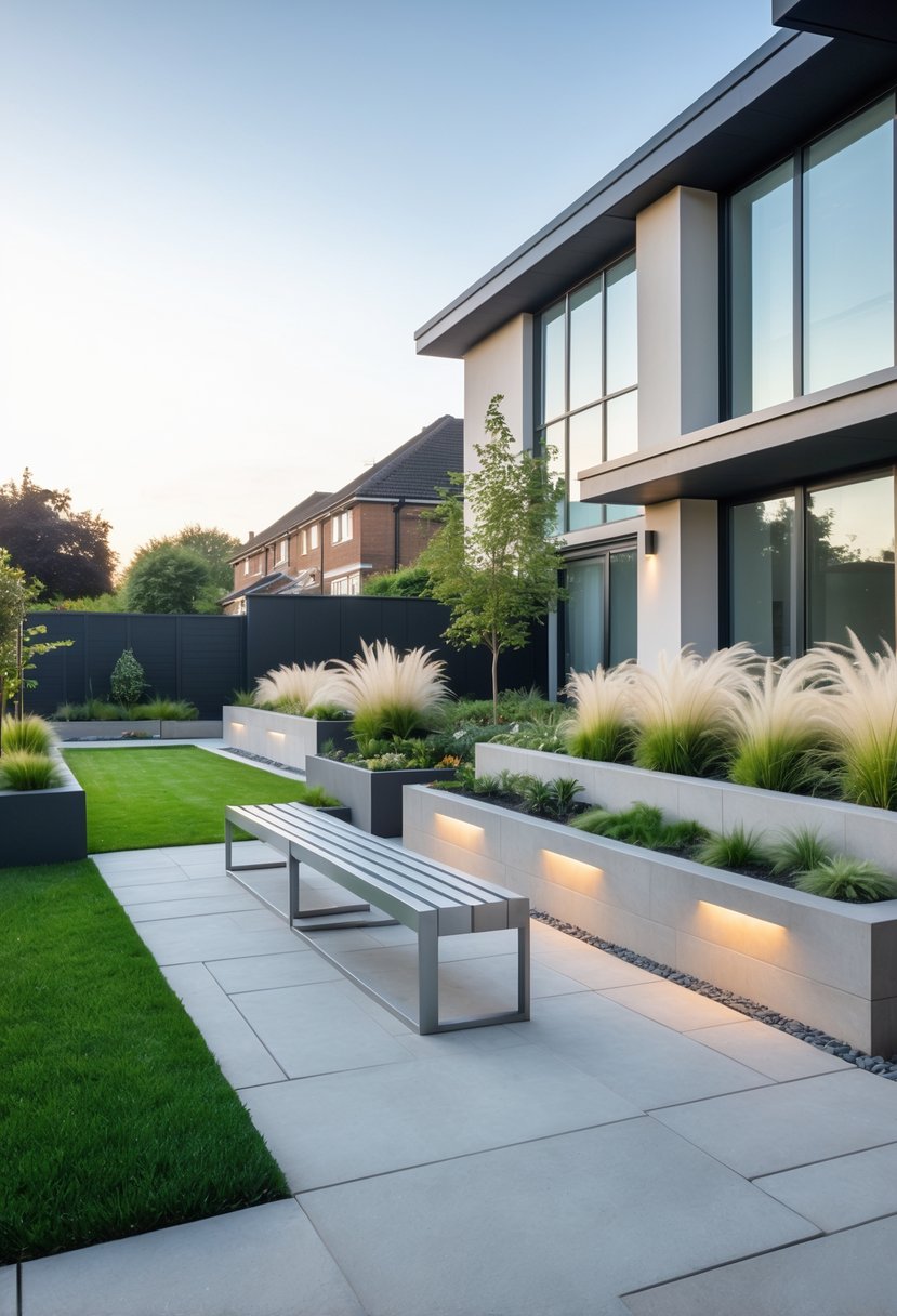 A front garden with steel-framed benches, paved patio, green grass, plants, and a modern house in the background.