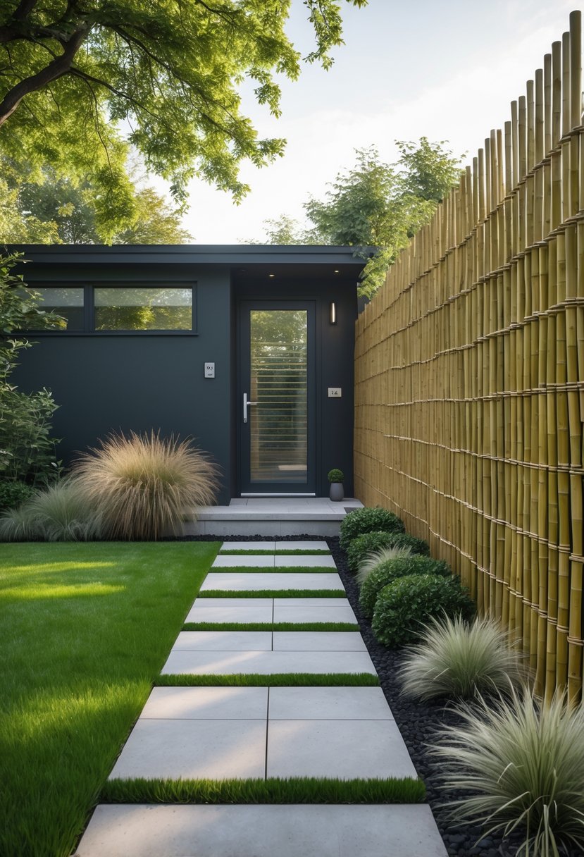 Front garden with bamboo privacy screening, green grass, paving stones, and shrubs.