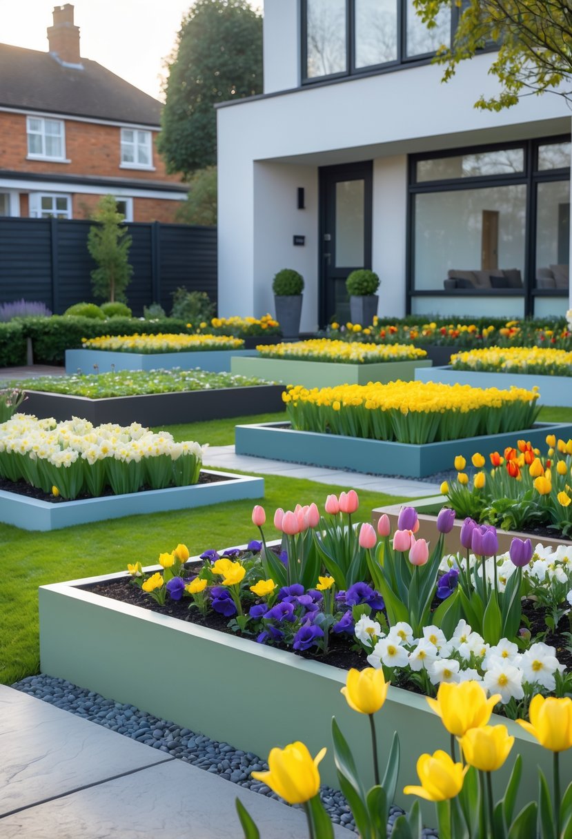 A front garden with multiple color-blocked planting beds filled with seasonal blooming flowers next to a modern house.